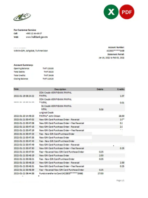 Turkmenistan HalkBank bank statement, Excel and PDF template