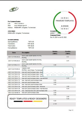 Turkmenistan HalkBank bank statement template, Word and PDF format (.doc and .pdf)