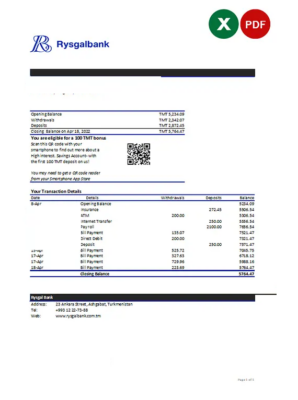 Turkmenistan Rysgal bank statement, Excel and PDF template