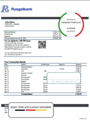 Turkmenistan Rysgal bank statement template, Word and PDF format (.doc and .pdf)