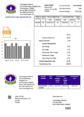 Turkmenistan Turkmengaz utility bill template in Word and PDF format