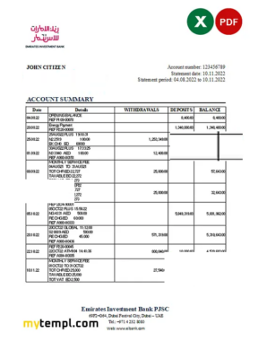 UAE Emirates Investment Bank statement, Excel and PDF template