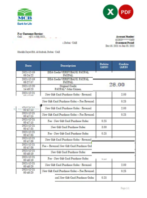 UAE MCB bank statement, Excel and PDF template