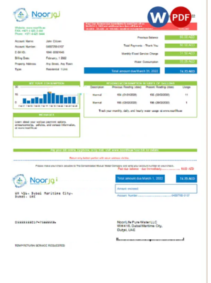 UAE Noor Life Pure Water LLC utility bill template in Word and PDF format