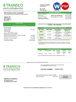 UAE TRANSCO Company utility bill template in Word and PDF format