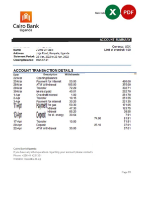 Uganda Cairo bank statement, Excel and PDF template