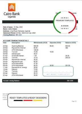 Uganda Cairo bank statement template in Word and PDF format