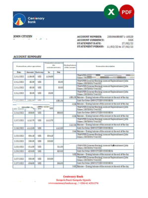 Uganda Centenary bank statement, Excel and PDF template