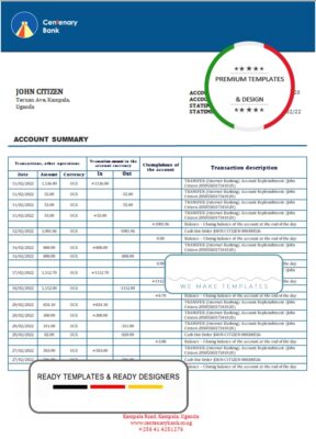 Uganda Centenary bank statement template in Word and PDF format