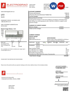 Ukraine Elektrograd electricity utility bill template in Word and PDF format