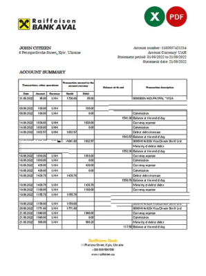 Ukraine Raiffeisen bank statement, Excel and PDF template