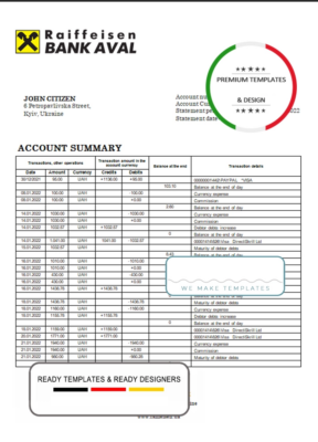 Ukraine Raiffeisen Bank statement template, Word and PDF format (.doc and .pdf)