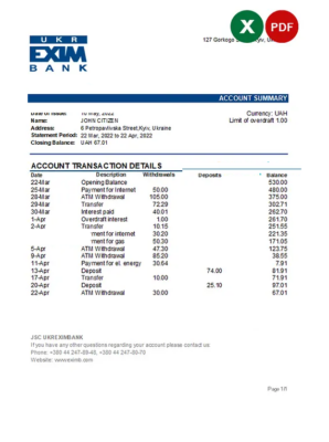 Ukraine Ukreximbank bank statement, Excel and PDF template