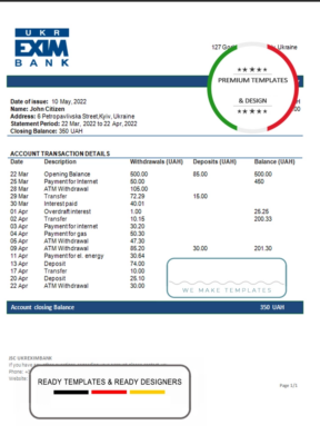 Ukraine Ukreximbank Bank statement template, Word and PDF format (.doc and .pdf)