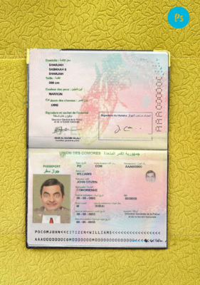 Union Des Comores passport PSD files, scan and photo look templates, 2 in 1