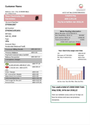 United Arab Emirates Abu Dhabi Distribution electricity utility bill template in Word and PDF format