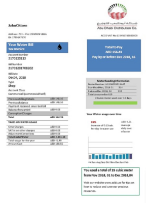 United Arab Emirates Abu Dhabi Distribution water utility bill template in Word and PDF format