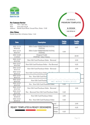 United Arab Emirates MCB bank statement template in Word and PDF format