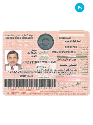 UNITED ARAB EMIRATES residence permit PSD template, with fonts