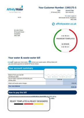 United Kingdom Affinity Water utility bill template in Word and PDF format