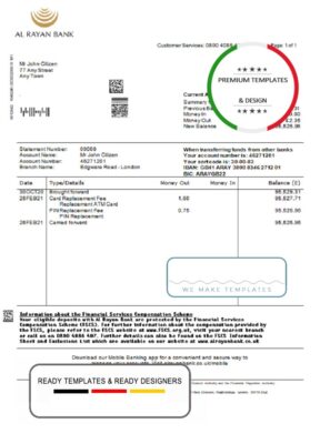 United Kingdom Al Rayan bank statement template in Excel and PDF format