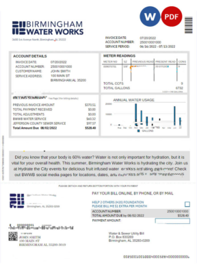 UNITED KINGDOM BIRMINGHAM WATER utility bill Word and PDF template