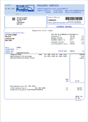 United Kingdom Borough of Pendle council tax bill template in Word and PDF format