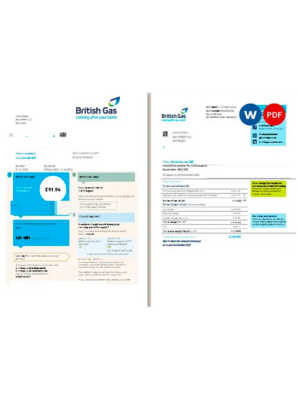 United Kingdom British Gas bill, Word and PDF template, 2 pages