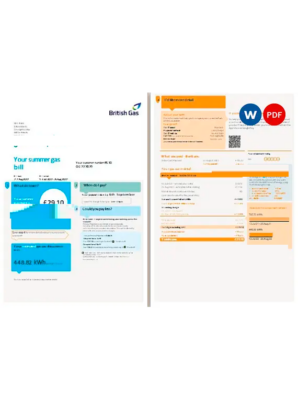 United Kingdom British Gas utility bill, Word and PDF template, 4 pages