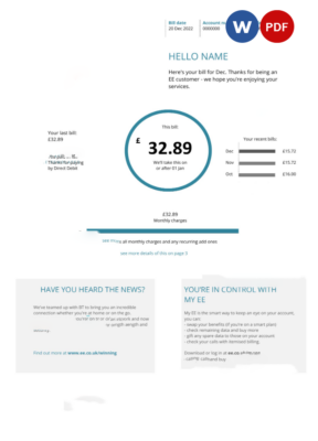 United Kingdom BT telecommunications utility bill template in Word and PDF format, version 1