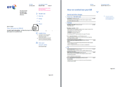 United Kingdom BT utility bill template in Word and PDF format, 2 pages