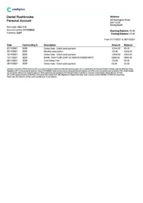 UNITED KINGDOM CASHPLUS bank statement Word and PDF template