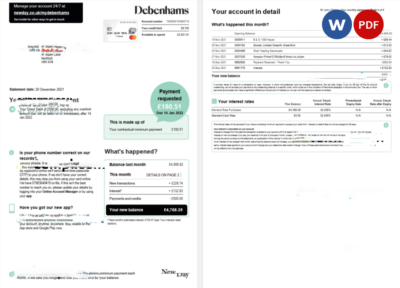 United Kingdom Debenhams card monthly statement Word and PDF template, 4 pages