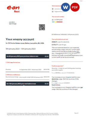 UNITED KINGDOM E-ON utility bill Word and PDF template