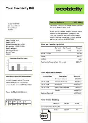 United Kingdom Ecotricity electricity utility bill template in Word and PDF format (.doc and .pdf)