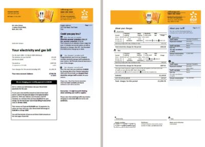 United Kingdom EDF utility bill template in Word and PDF format (3 pages)