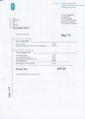 United Kingdom EE phone utility bill template, fully editable in PSD format