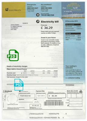 United Kingdom electricity utility bill template in PSD format