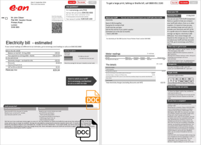 United Kingdom E.ON electricity utility bill template in Word and PDF format, 2 pages, version 1