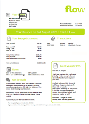 United Kingdom Flow Energy utility bill template in Word and PDF format