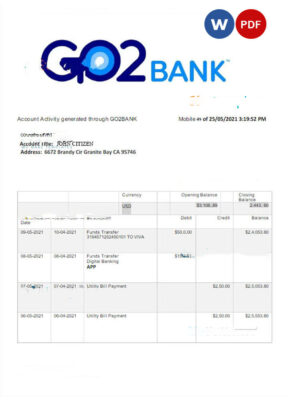 UNITED KINGDOM GO2 bank statement Word and PDF template