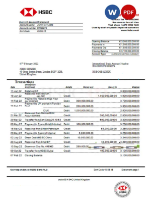 United Kingdom HSBC bank statement Word and PDF template, version 2