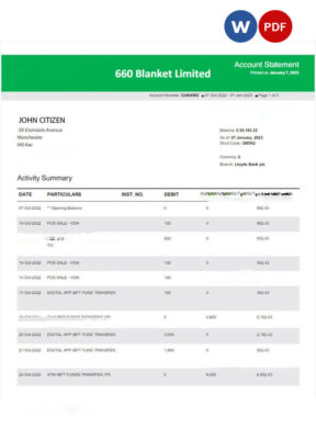 United Kingdom Lloyds Bank statement Word and PDF template, version 2