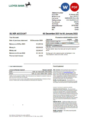 United Kingdom Lloyds bank statement Word and PDF template, version 2