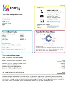 United Kingdom LoCO2 Energy utility bill template in Word and PDF format