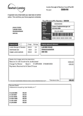 United Kingdom London of Borough of Newham council tax bill template in Word and PDF format