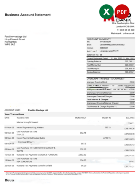 United Kingdom Metro bank statement Excel and PDF template, 4 pages