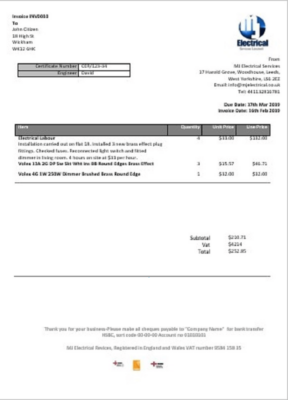 United Kingdom MJ Electrical proof of address utility bill template in Word and PDF format