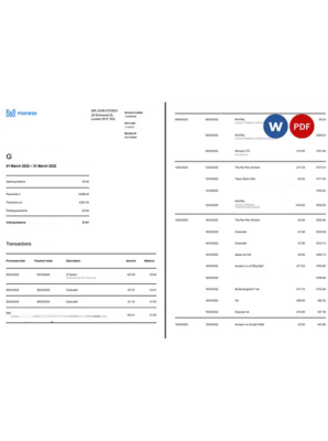 United Kingdom Monese bank statement Word and PDF template, 3 pages