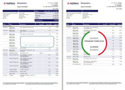 United Kingdom Natwest bank statement template in Excel and PDF format (2 pages)